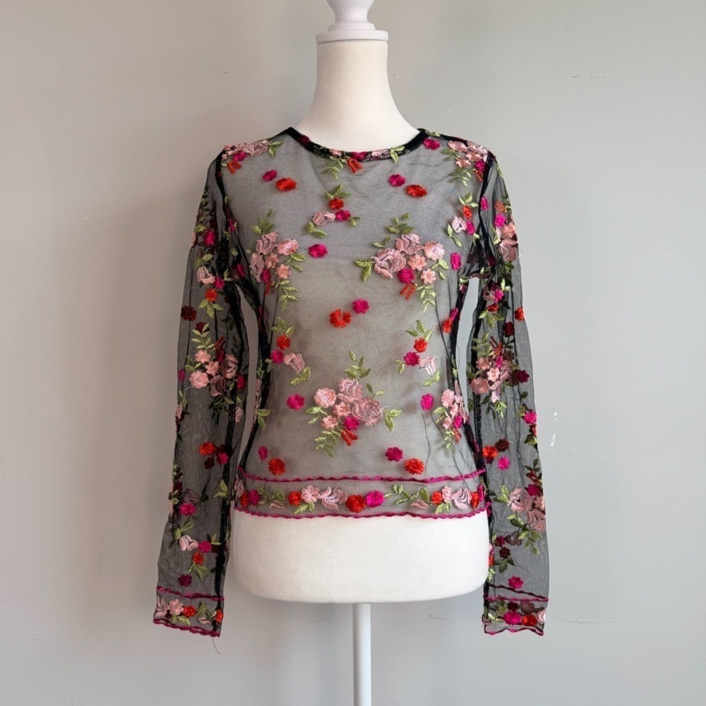 Floral Embroidered Sheer Mesh Top Medium Feminine‎ Festival Fairy Coquette
